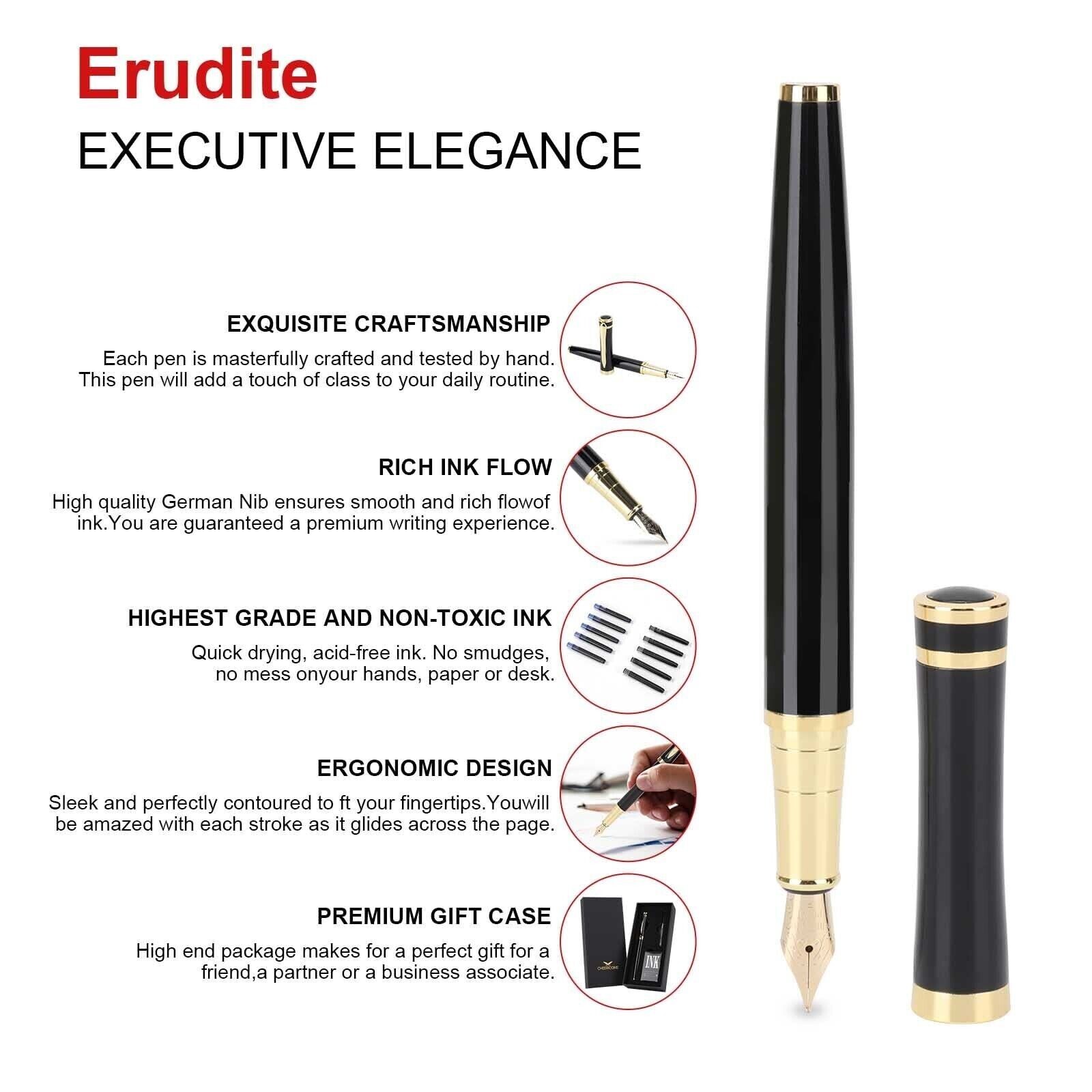 Luxury Fountain Pen FREE Leather Case Business Writing Gift Ink Black