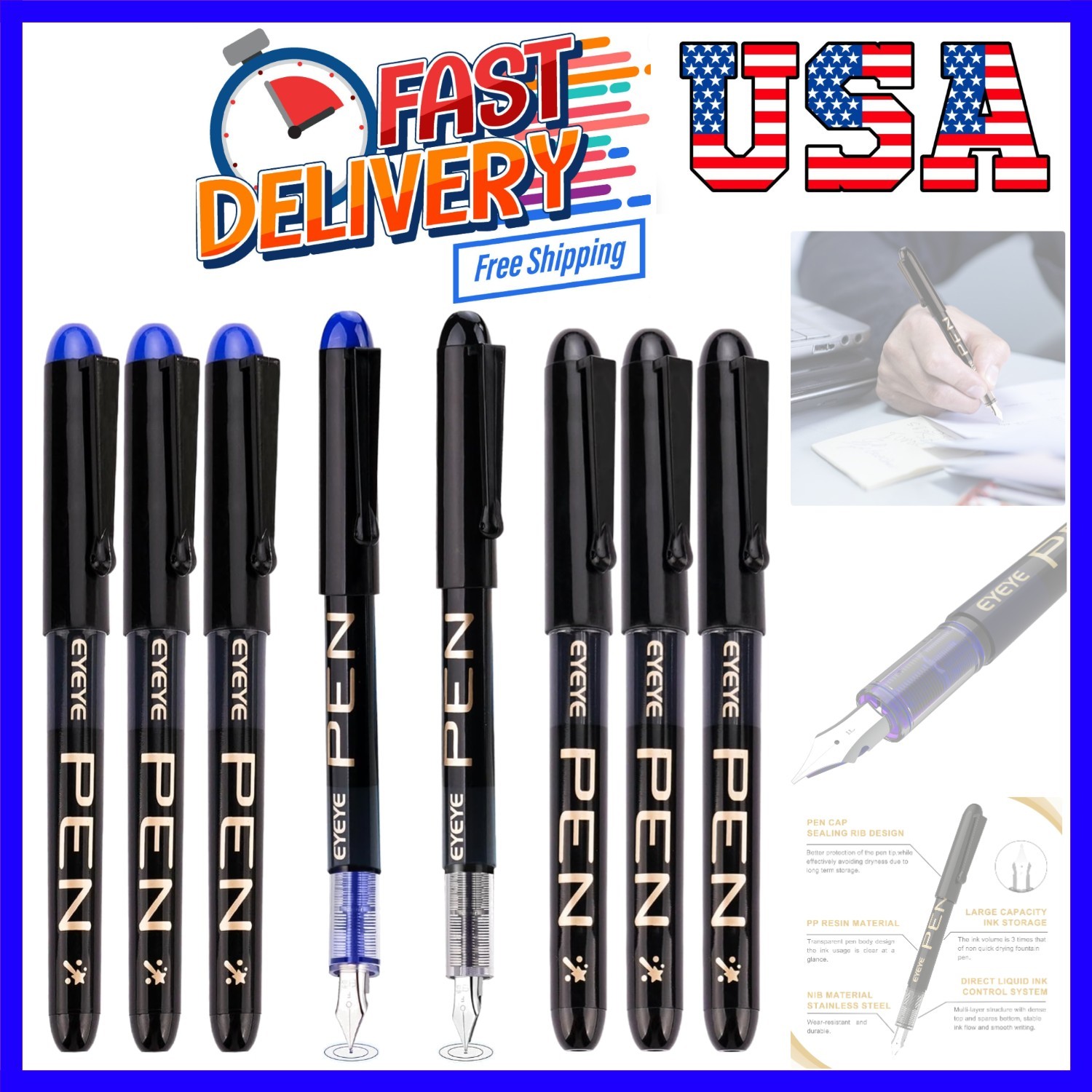 Disposable Fountain Pens Fine Point, 4 Black 4 Blue Fountain Pens for Writing…