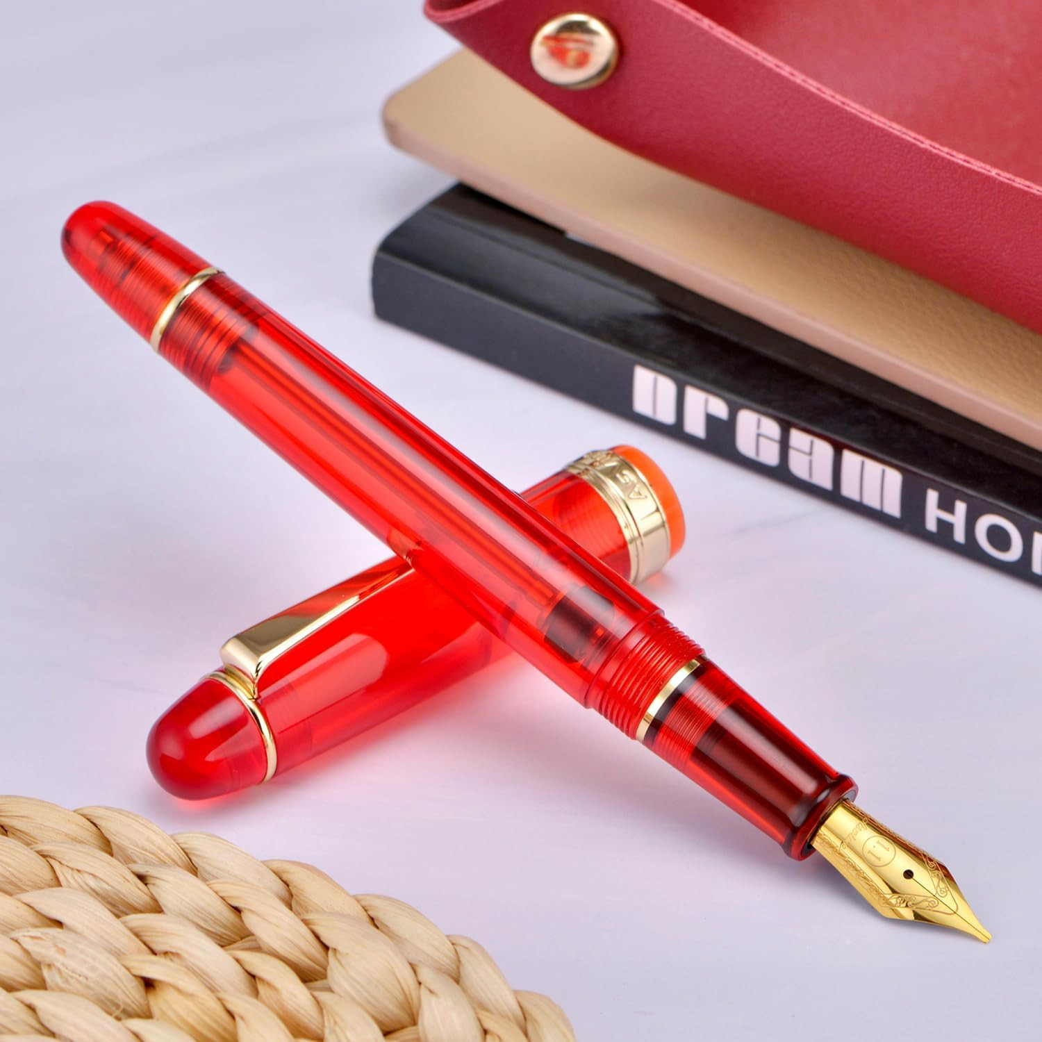 V126 Vacuum Filling Fountain Pen Gold Plated Fine Point, Transparent Red Acrylic