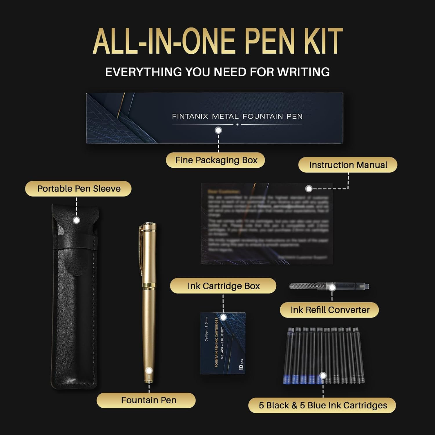 Luxury Gold Fountain Pen Fine Nib Set with Ink Cartridges, Converter & Case