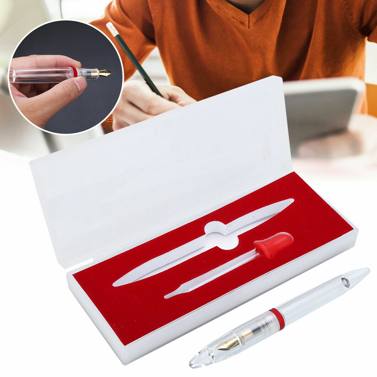 M2 Dropper Fountain Pen Acrylic Transparent Extra Fine Nib 0.38mm w/ Storage Box