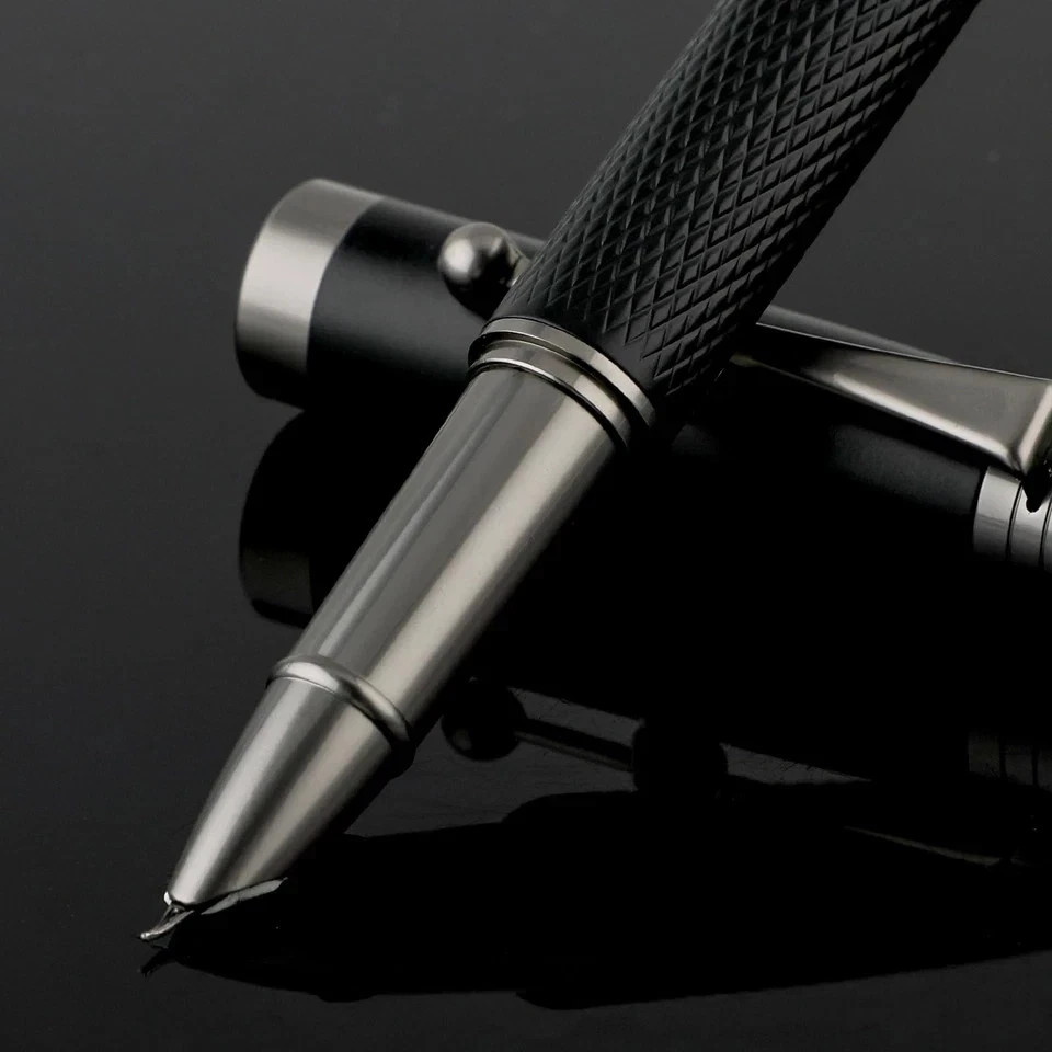 Metal Black Fountain Pen 0.7mm Bent Nib with 6 2.6mm Ink Cartridges