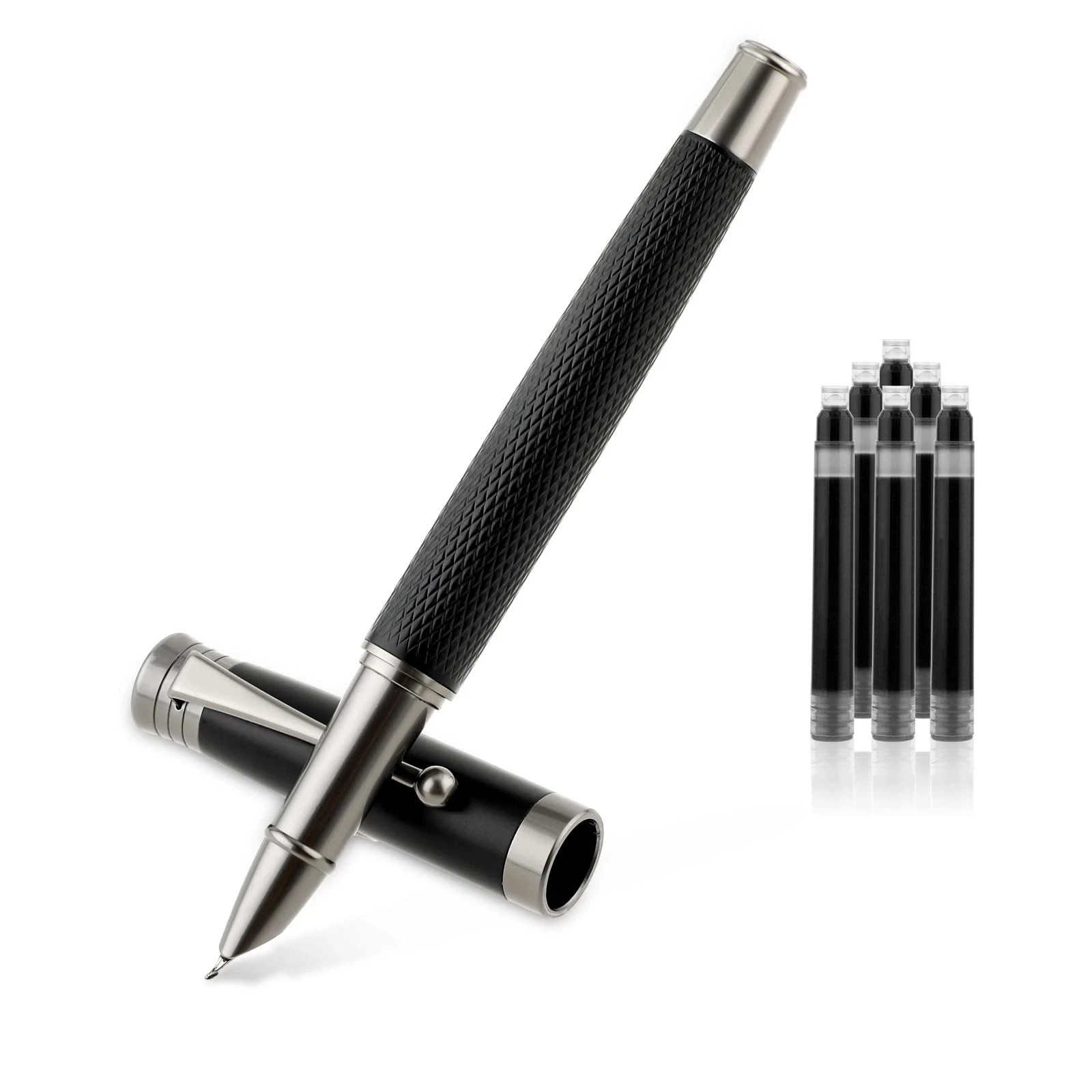 Metal Black Fountain Pen 0.7mm Bent Nib with 6 2.6mm Ink Cartridges