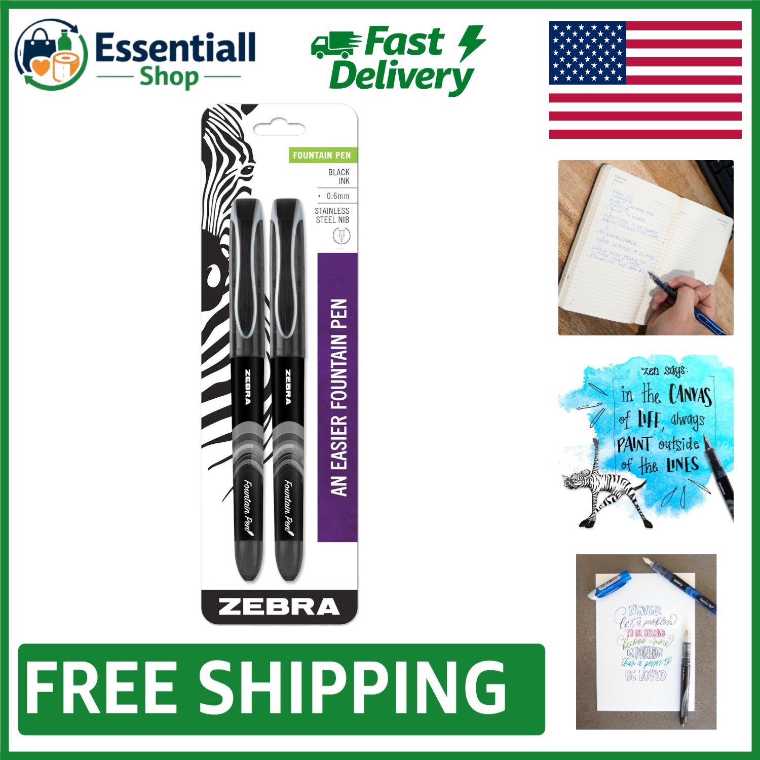 Zebra Fountain Pen 0.6mm Fine Point – 2-Pack Preloaded Black Ink, No Cartridges