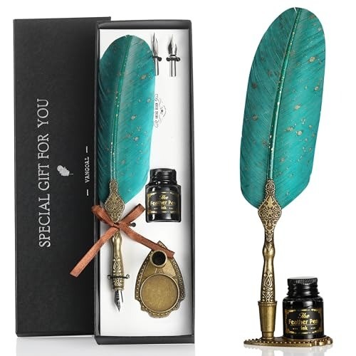 Vintage Green Feather Pen and Ink Set, Classic Series Goose Quill Pen with Ca…