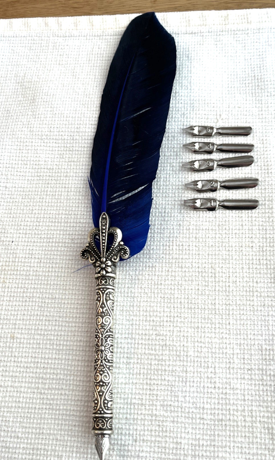 Retro Vintage Calligraphy Blue Feather Pen Writing Set with 5 Tips (1-5) Metal