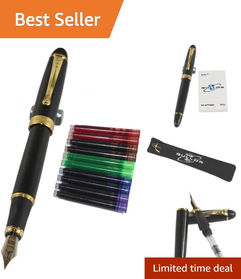 Refillable Black Fountain Pen Set with 10 Color Cartridges for Creative Writing