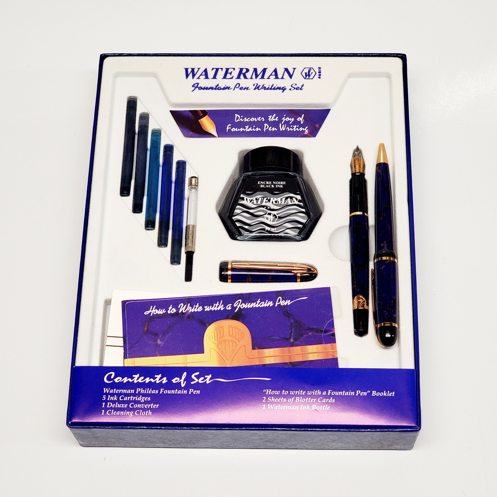 Waterman Paris Blue Phileas Marble Fountain & Ballpoint Pen Writing Set Box Ink