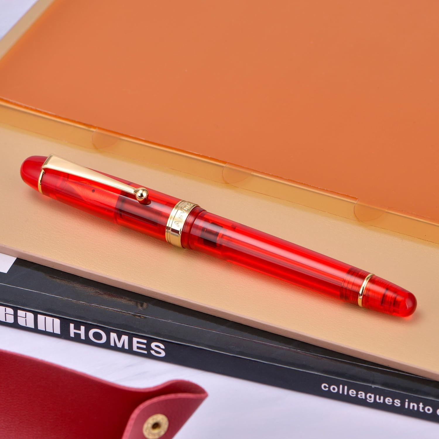 V126 Vacuum Filling Fountain Pen Gold Plated Fine Point, Transparent Red Acrylic