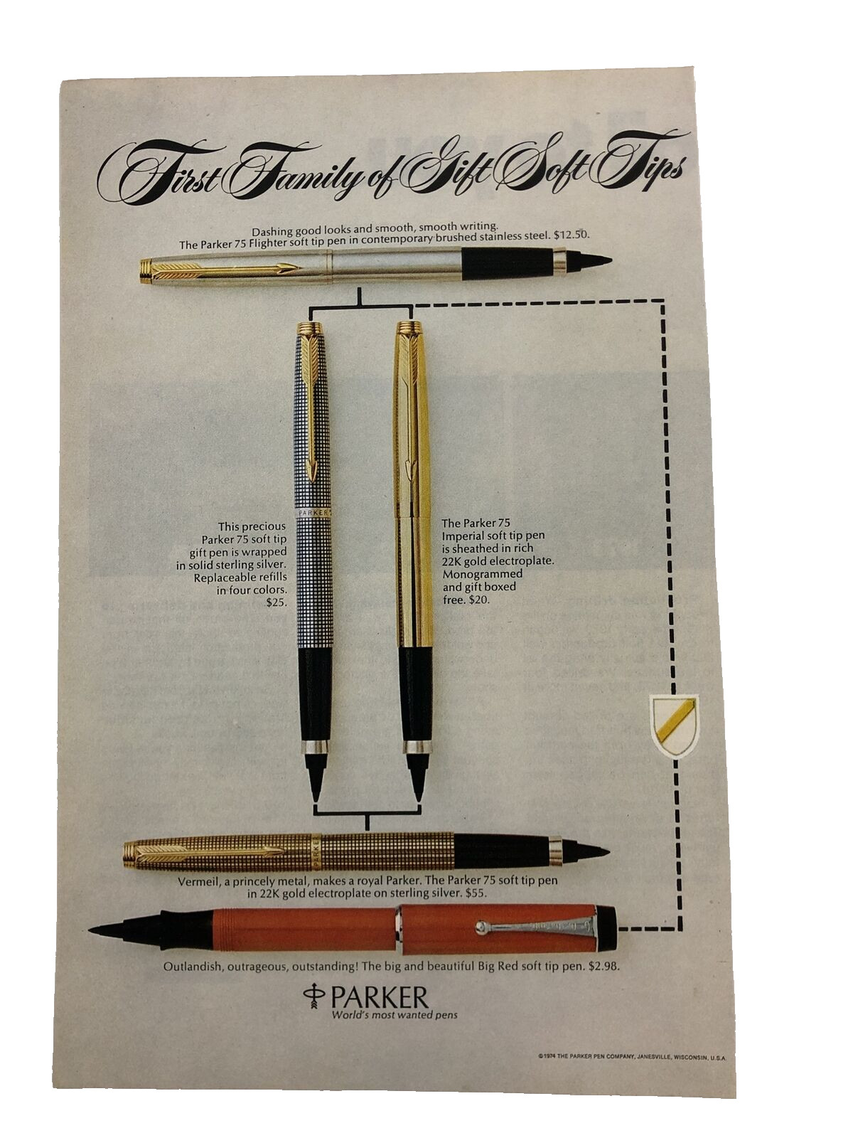 1974 Parker 75 22k Gold soft tip Pen Sterling Silver Gold Big Red Exon print ad