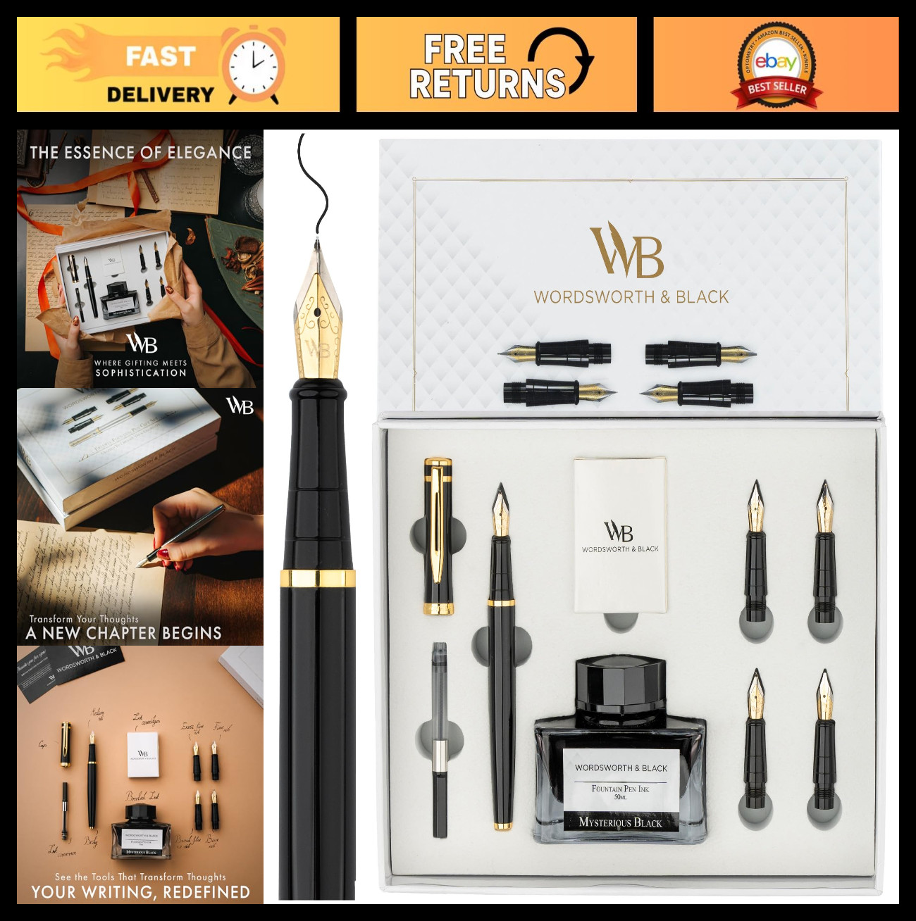 Fountain Pen Gift Set with Ink Bottle, 6 Cartridges, 4 Nibs, Calligraphy & Journ