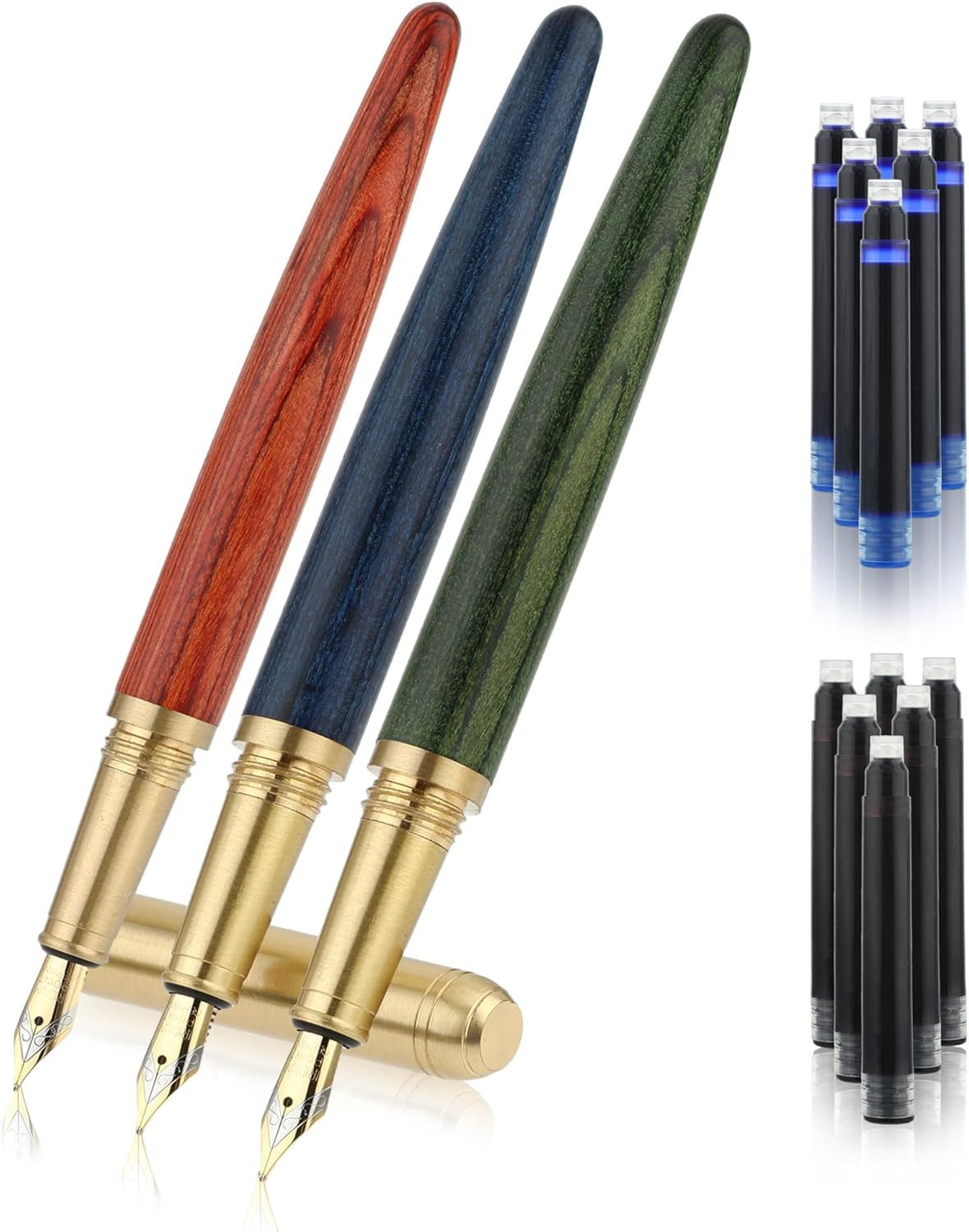Vintage Wooden Fountain Pens Set, 3Pcs Handcrafted Luxury Wood Fountain