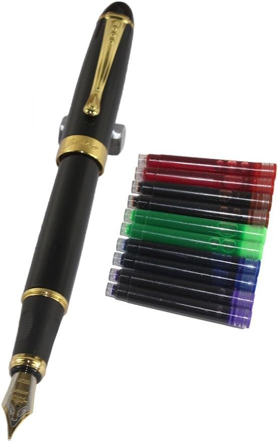 Refillable Black Fountain Pen Set with 10 Color Cartridges for Creative Writing