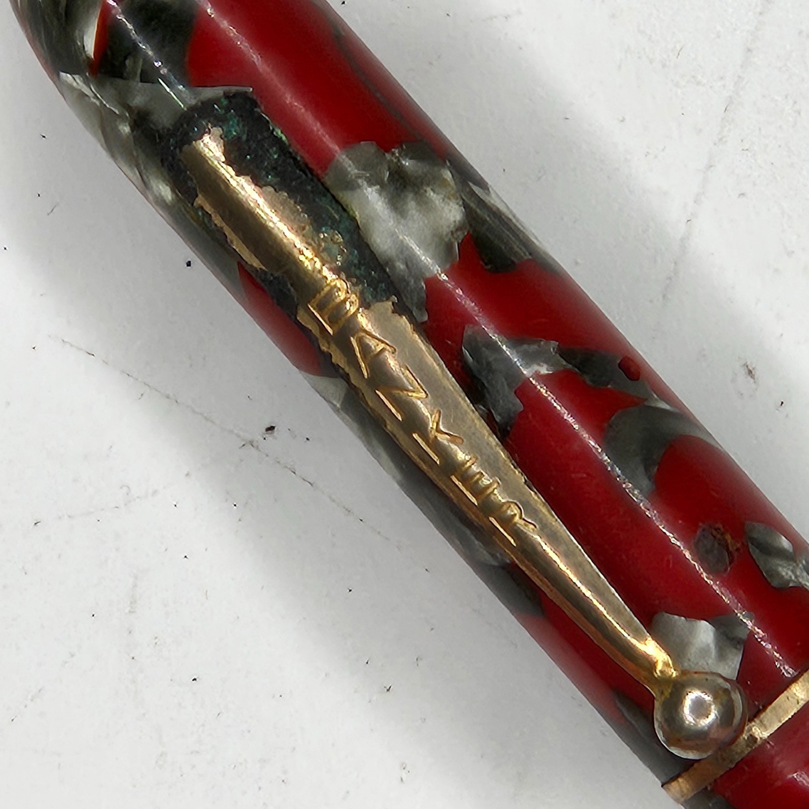 Vintage New Banker Red Marbled Celluloid Plastic Fountain Pen Lever Untested