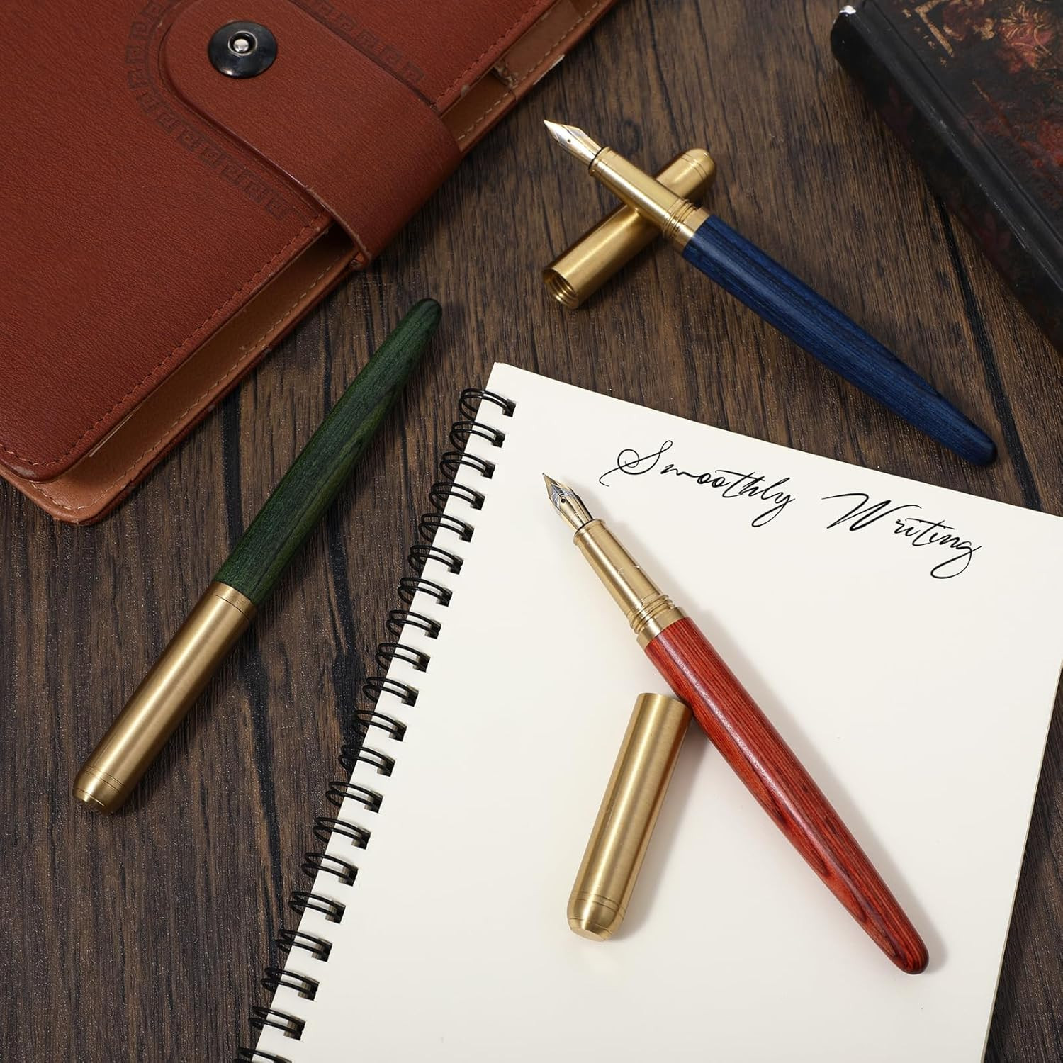 Vintage Wooden Fountain Pens Set, 3Pcs Handcrafted Luxury Wood Fountain