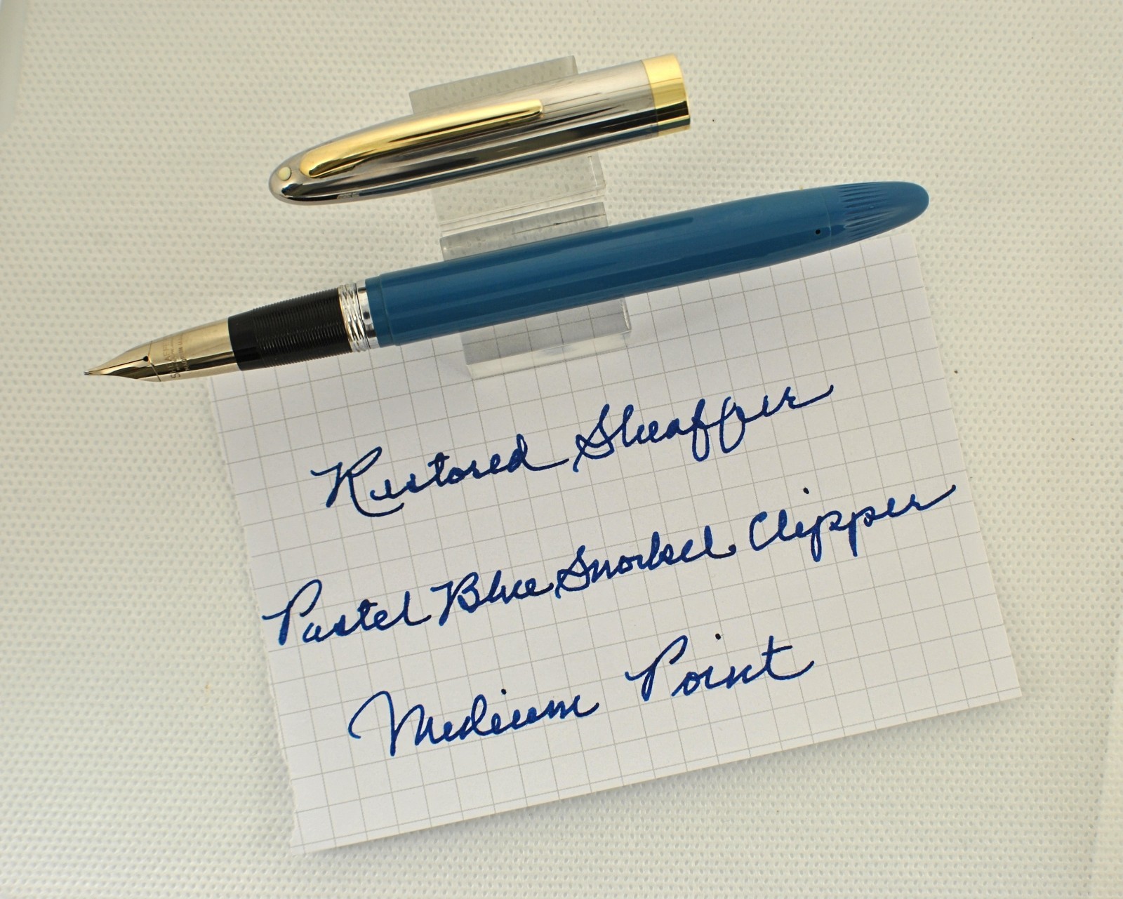 Very Nice Pastel Blue Snorkel Clipper, Smooth Med Palladium Nib, RESTORED