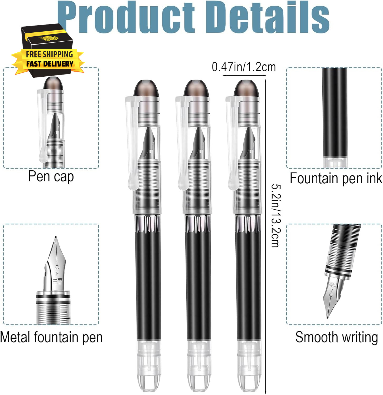 6 Pack Disposable Fountain Pens, Black Pens Fine Point Nib Fountain Pen for Writ
