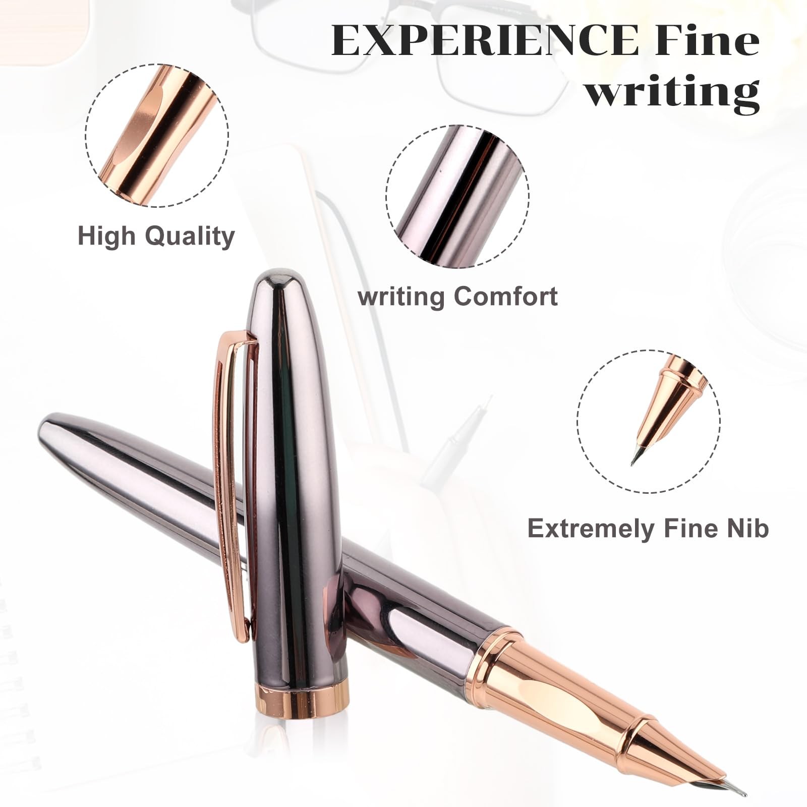 Metal Fountain Pen Set Fine Nib with Ink Cartridges Luxury Writing Pen Grey