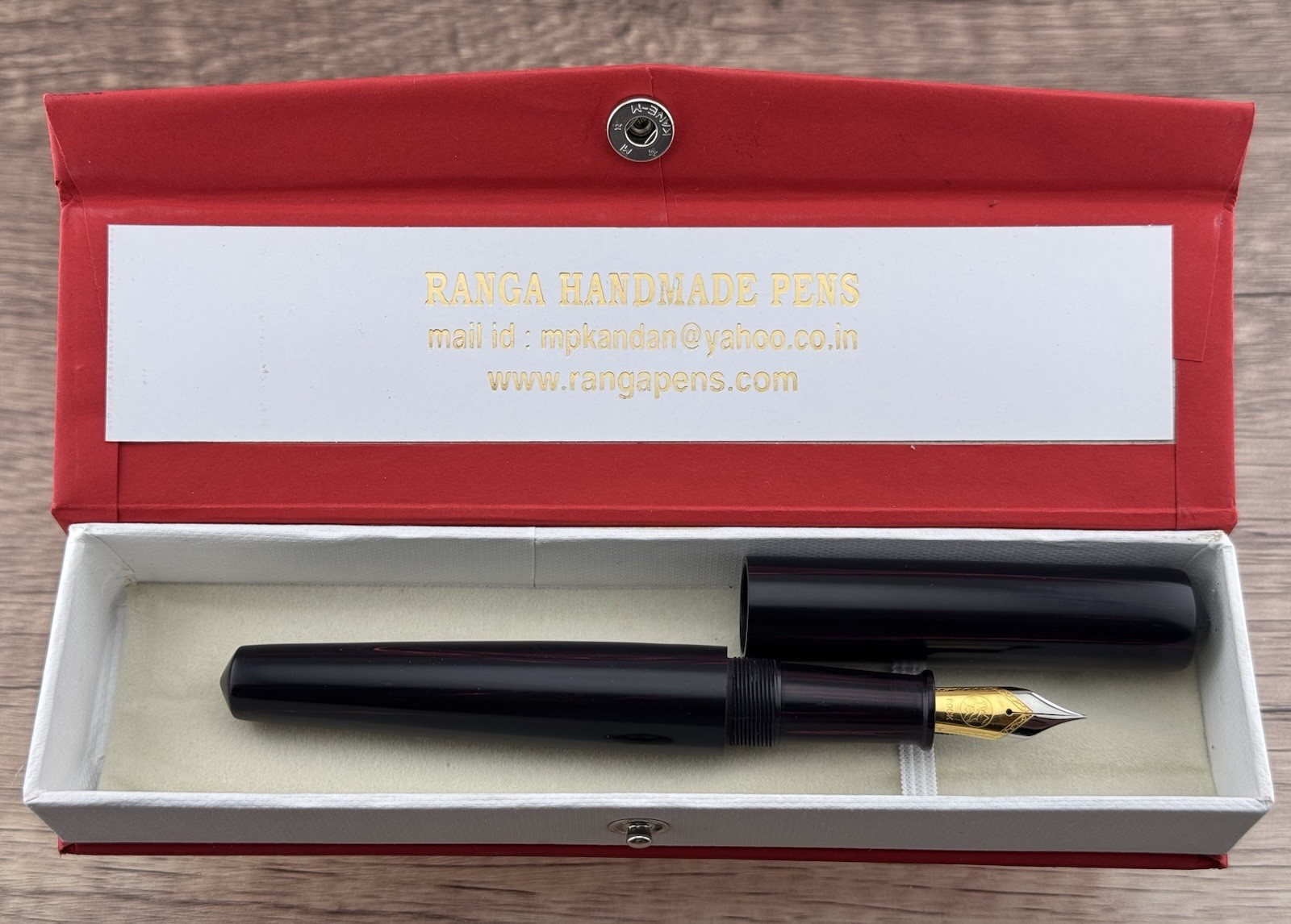 Ranga Model 5 Ebonite Fountain Pen – Red Wood Grain – Bock 380 #8 Medium M Nib