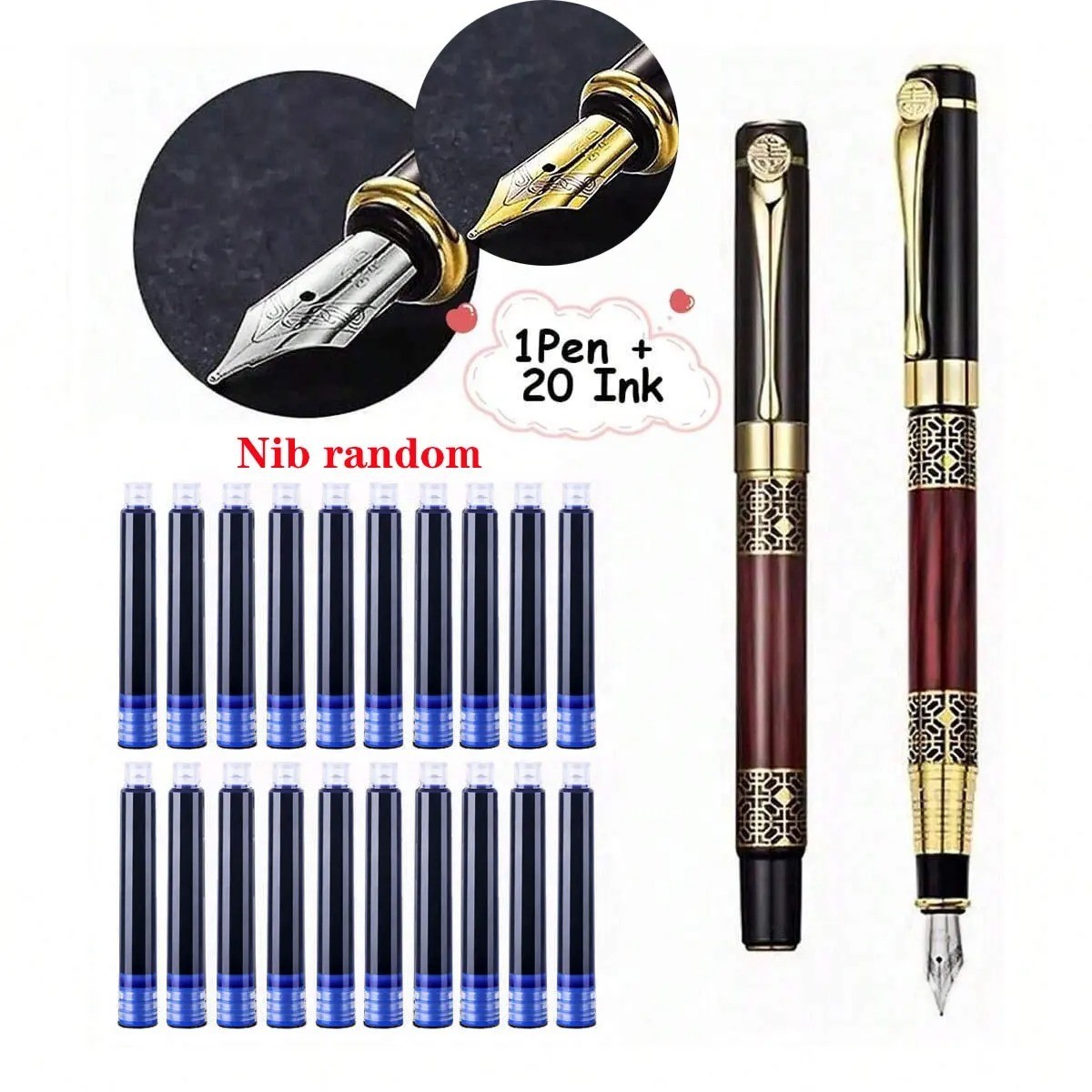 Fine Nib Metal Fountain Pen With 10pc Refillable Ink Cartridges Calligraphy Pen