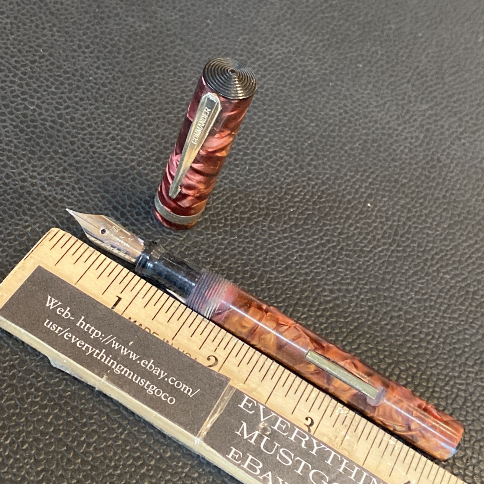 1930s Vtg COMMANDER FOUNTAIN PEN Lever Fill Red Cracked Ice USA Greek Key Band