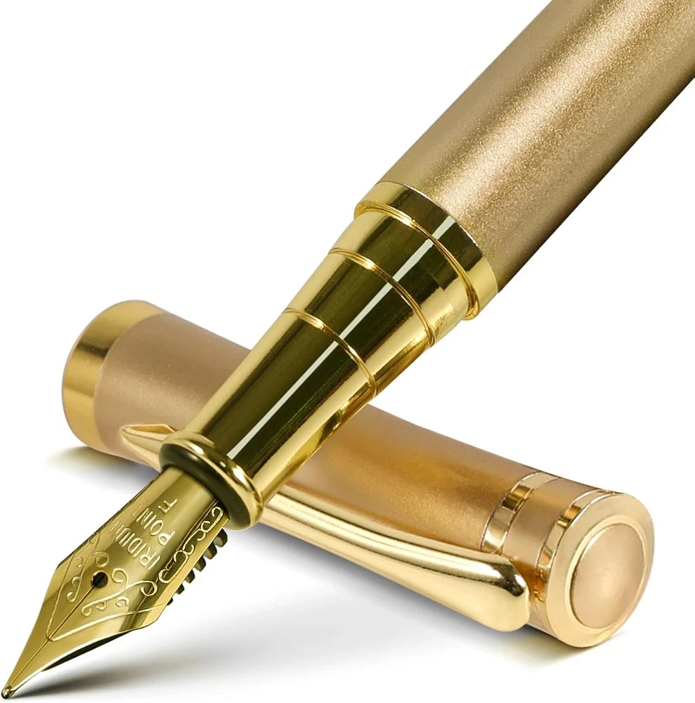 Fine Nib Fountain Pen Set with Ink Cartridges, Converter & Sleeve – Gold Finish