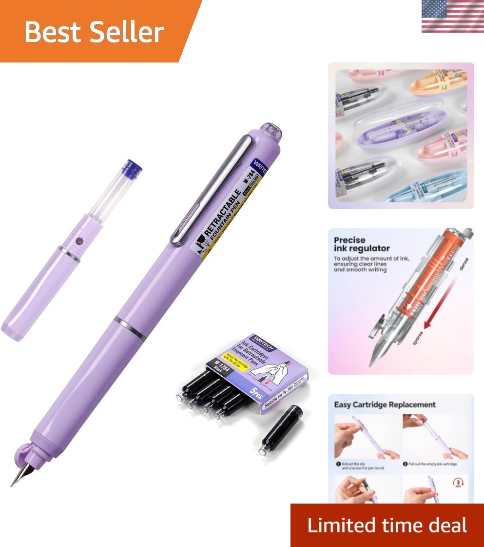 Fountain Pen Fine Nib: Retractable Black Ink Pens Set Includes 5 Ink Cartridg…