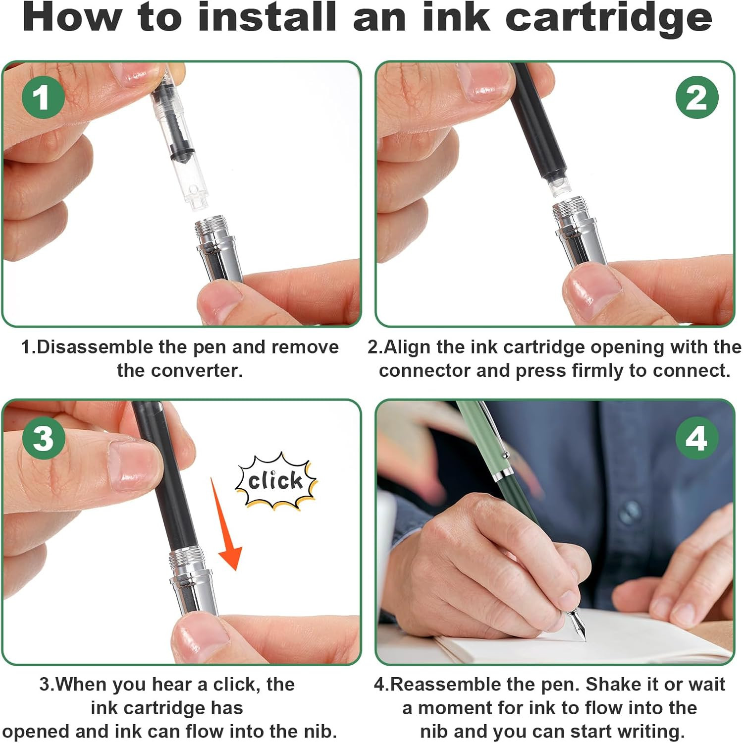 Metal Fountain Pens with 10 Black Ink Cartridges, 0.5mm Fine Nib Fountain Pen Sm
