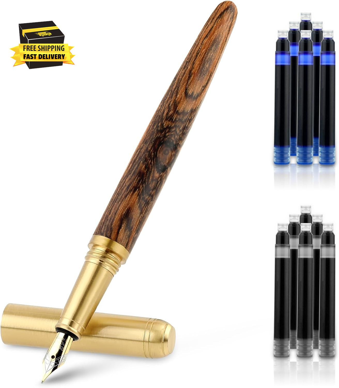 ® Wooden Fountain Pen with 12 Pcs 2.6 Mm Ink Cartridges, Handcrafted Luxury Wood