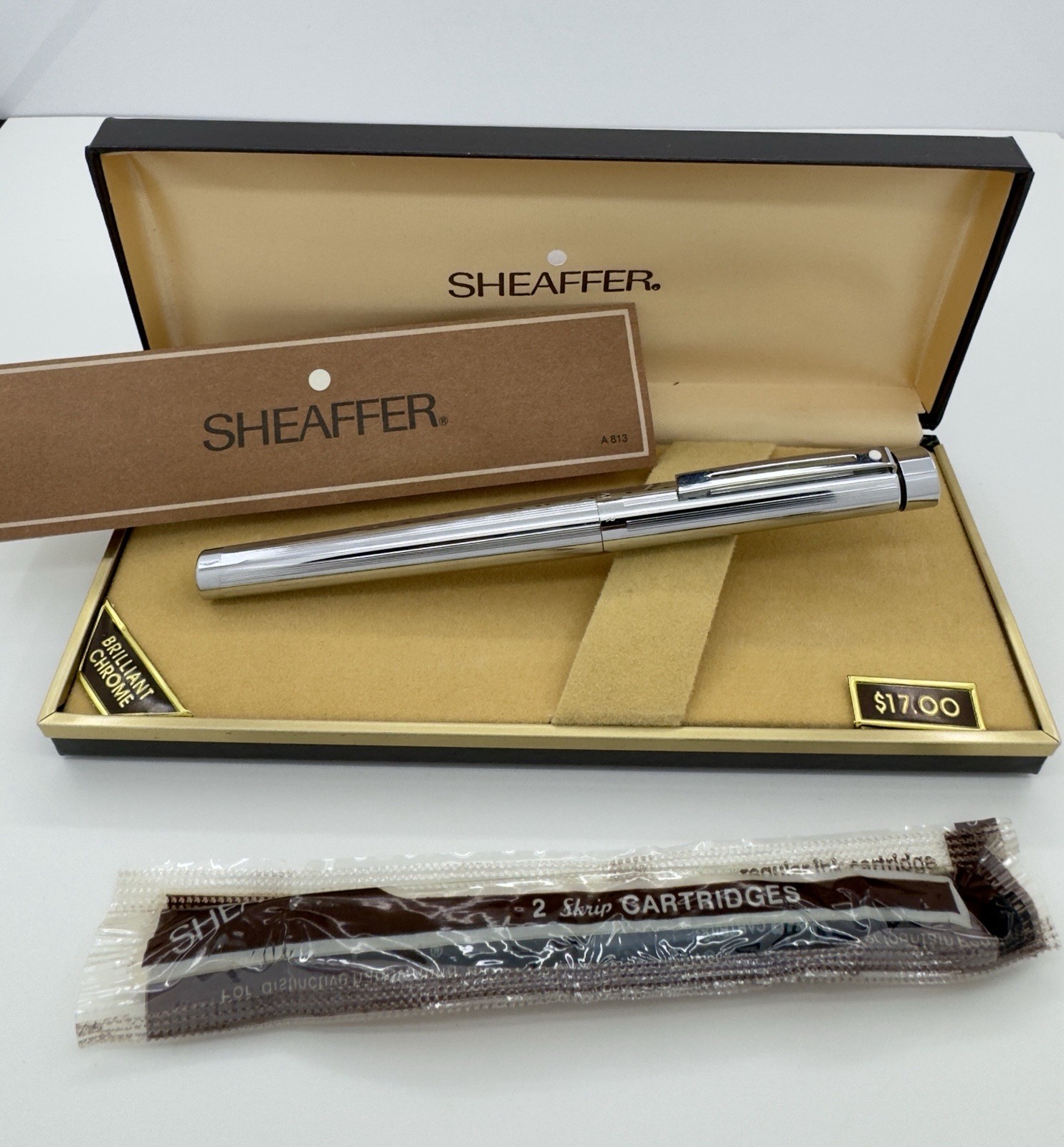 1981-84 Sheaffer 1000 Chrome Lined Targa Fountain Pen, M Nib, Converter – NOS