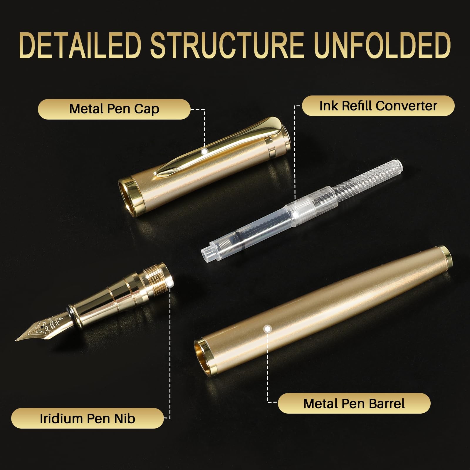 Fine Nib Fountain Pen Set with Ink Cartridges, Converter & Sleeve – Gold Finish