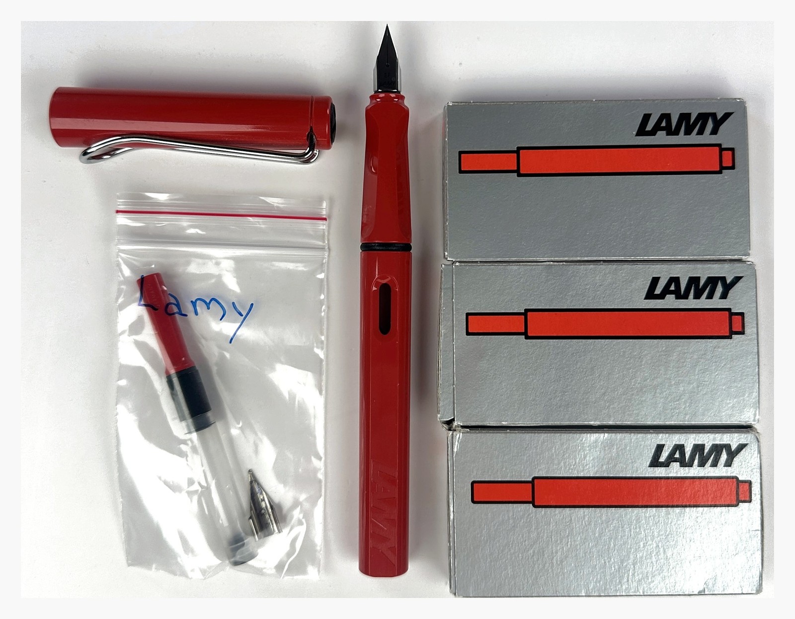 LAMY Safari Red Fountain Pen Extra Fine EF Nib with Cartridges/Converter