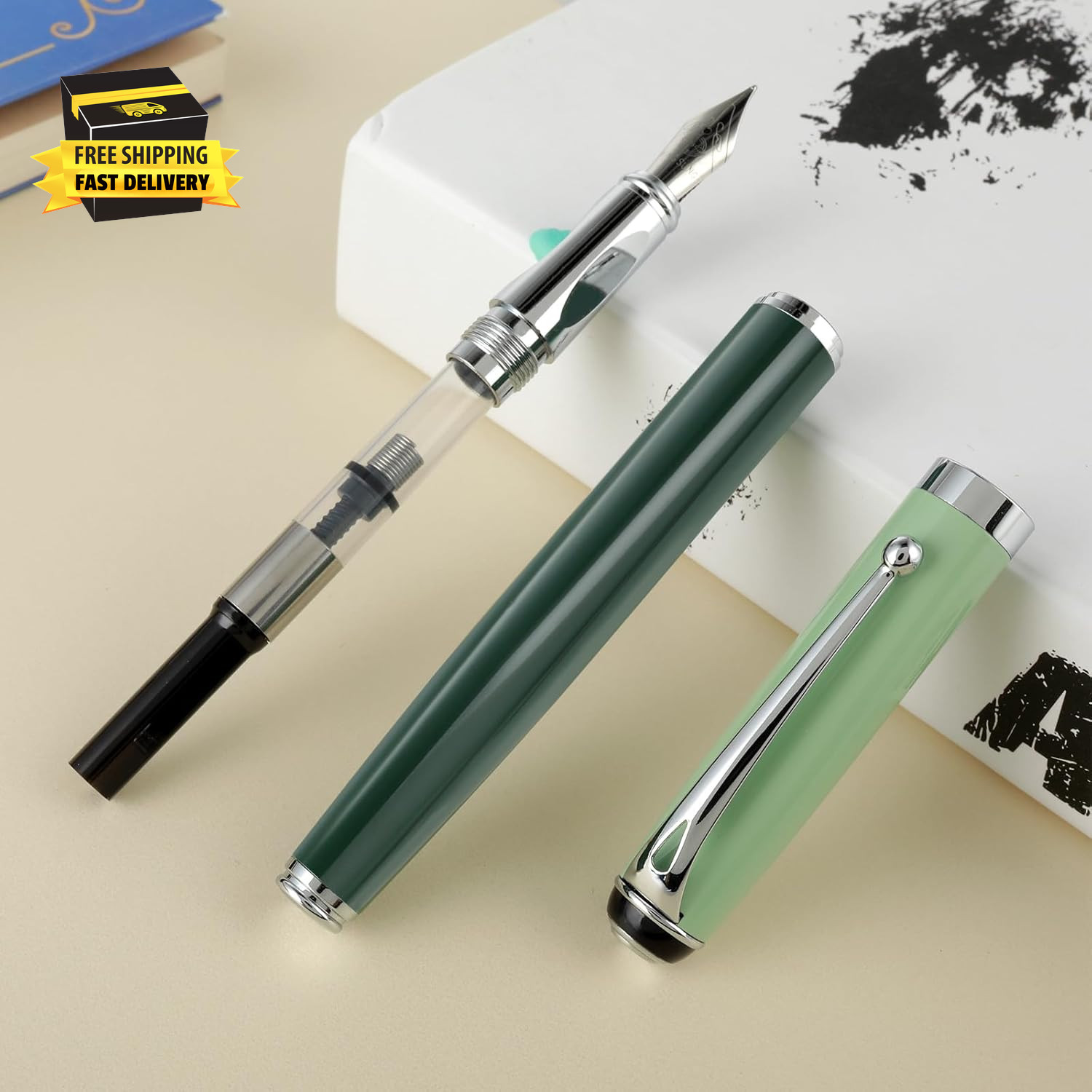 Metal Fountain Pens with 10 Black Ink Cartridges, 0.5Mm Fine Nib Fountain Pen Sm
