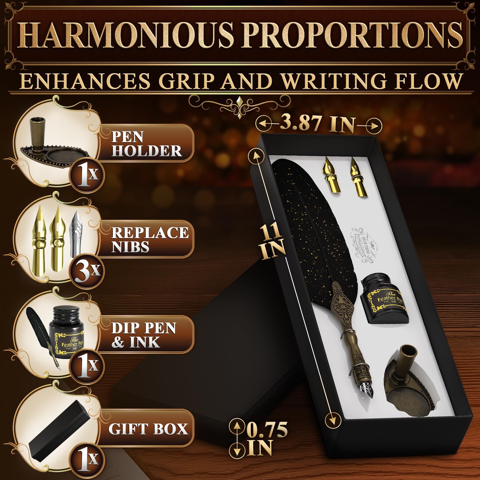 Black Feather Quill Pen and Ink Set – Feather Pen and Ink Set with Stainless Ste