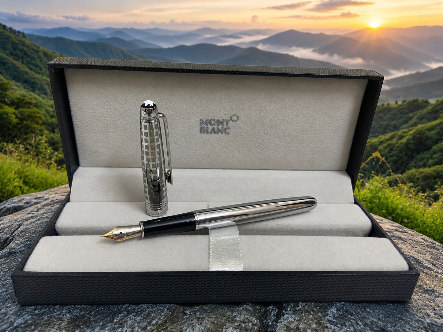 Luxury Look Montblanc Fountain Pen Silver Chrome Finish Empty Ink Fine Writing