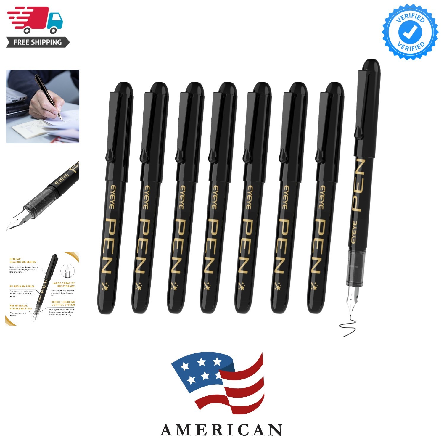 Disposable Fountain Pens, 8 Pack Black Fine Point Pens for Writing, Stainless…