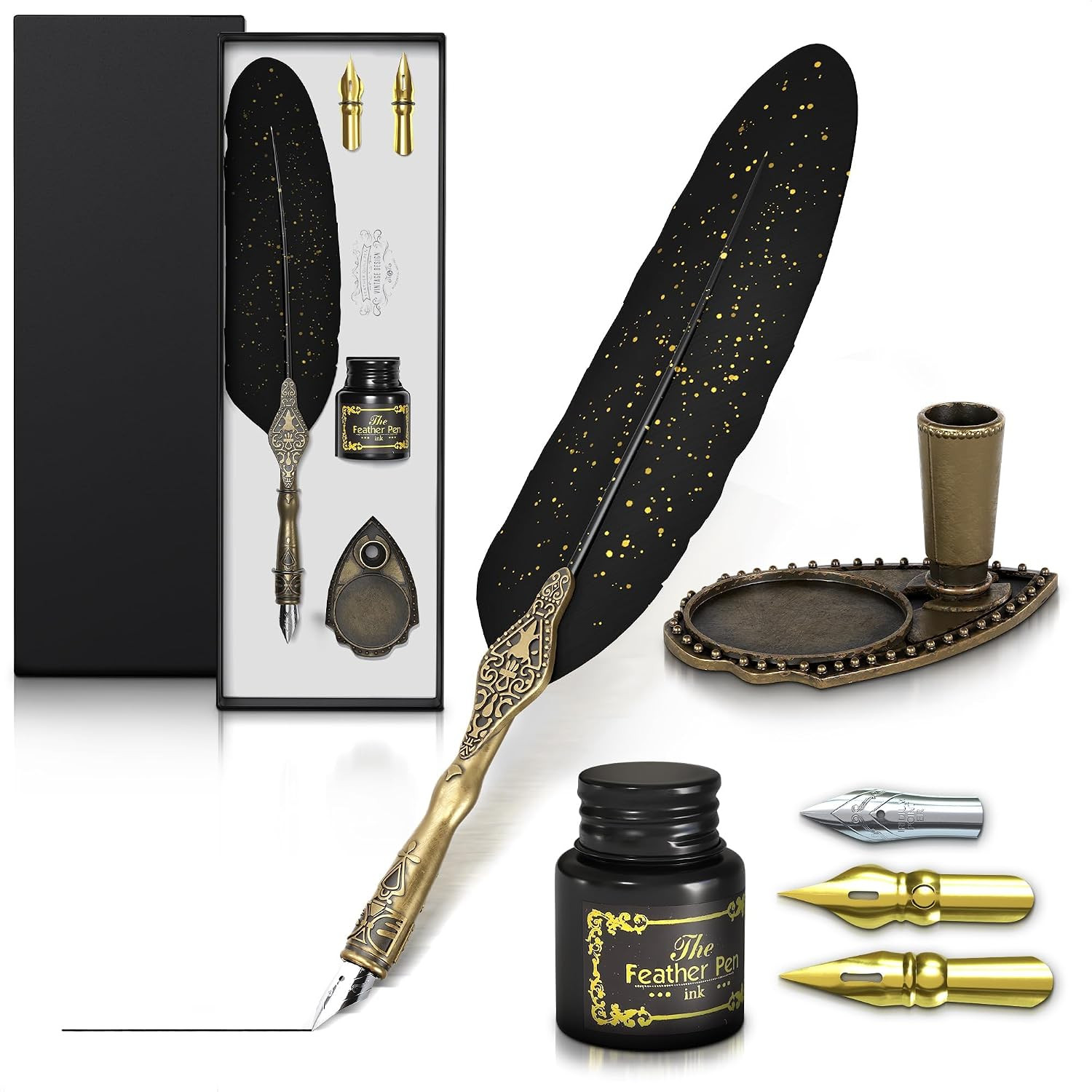 Feather Pen and Set, 11.4″, 3 Steel Nibs, Inkwell (Black) | Quill Pen and Set,