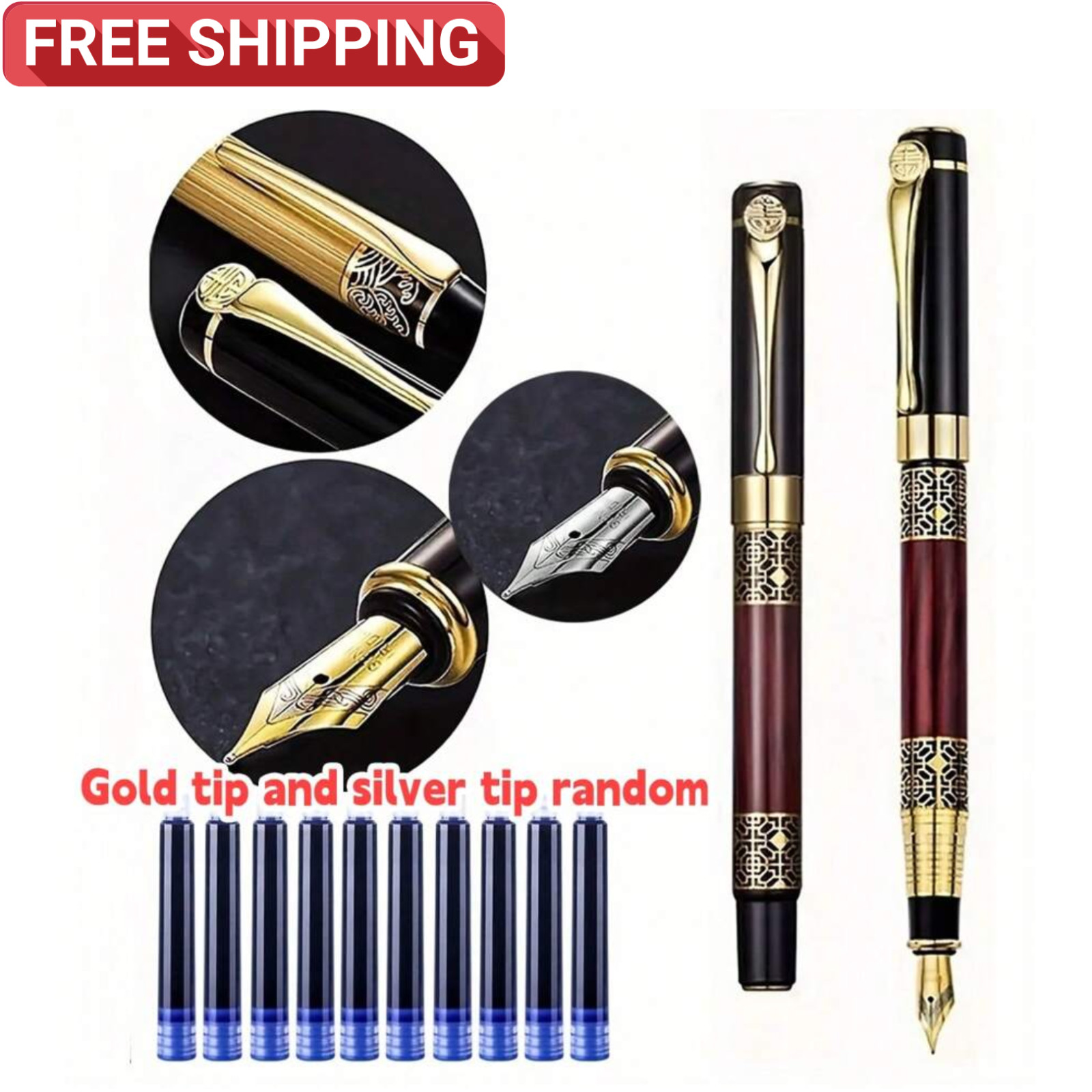 Fine Nib Metal Fountain Pen With 10pc Refillable Ink Cartridges Calligraphy Pen