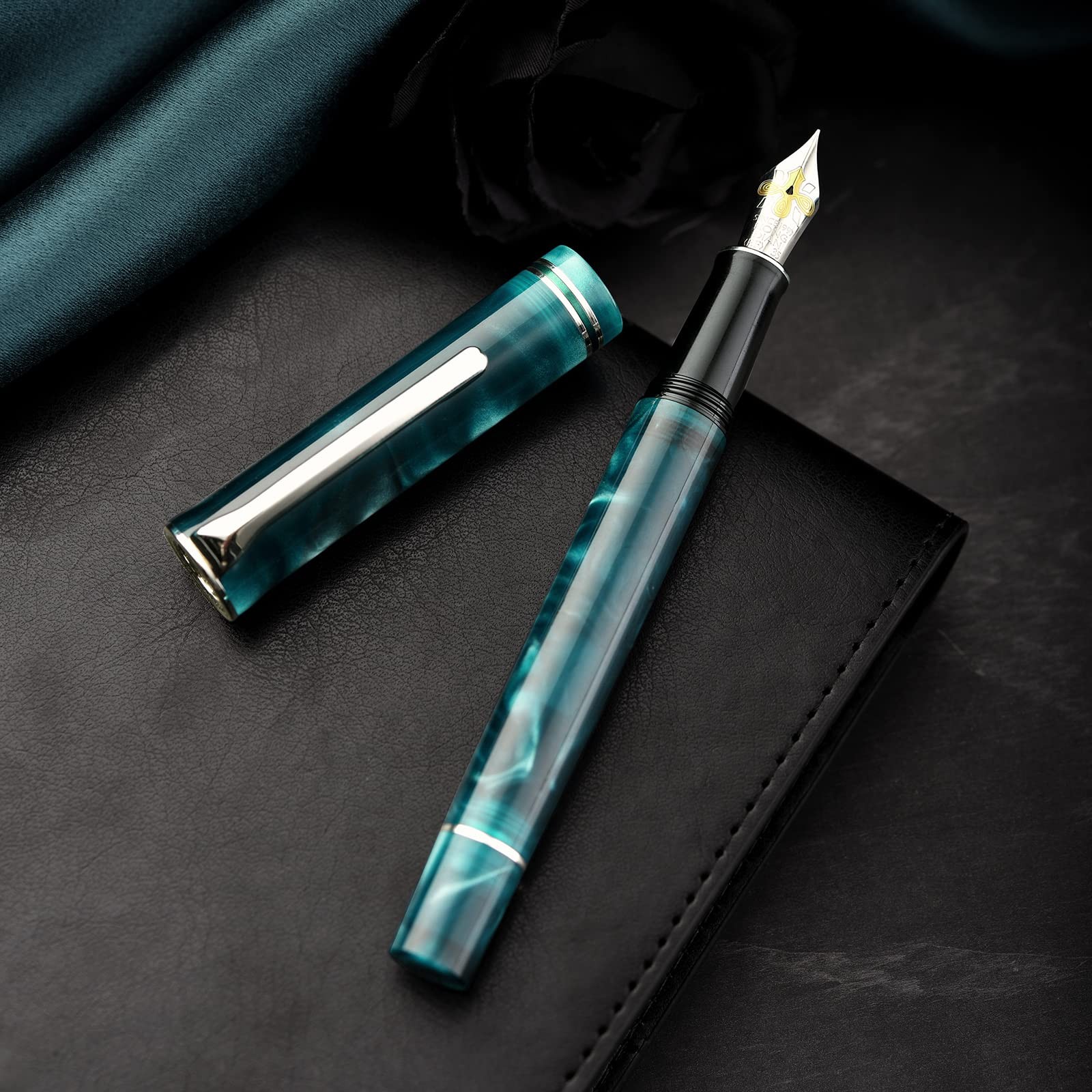 Hongdian N2 Fountain Pen Iridium Fine Nib Teal Blue Acrylic Design Smooth Wri