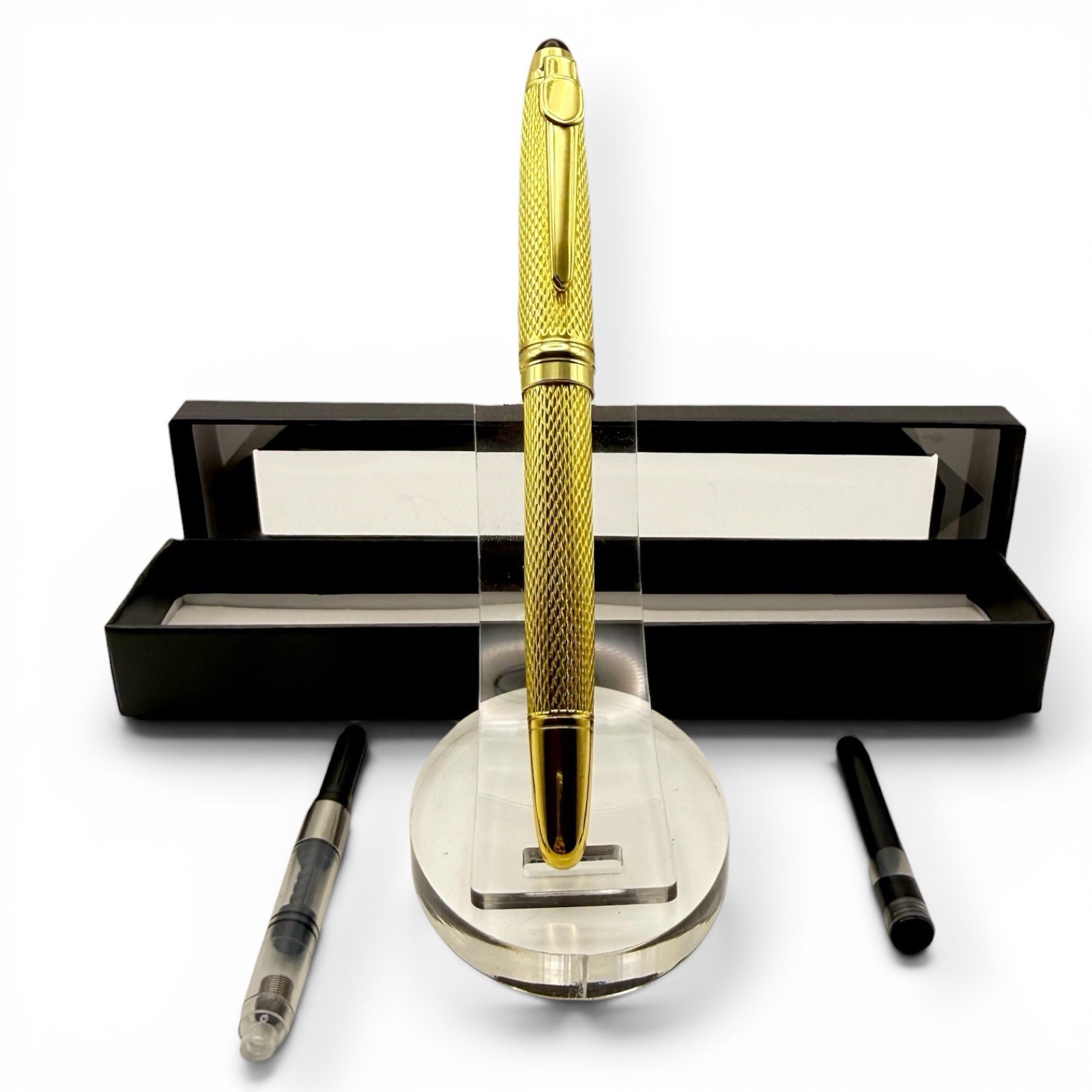 Fountain Pen Medium (M) Nib Gold Knurled Metal Barrel Nice Gift Box