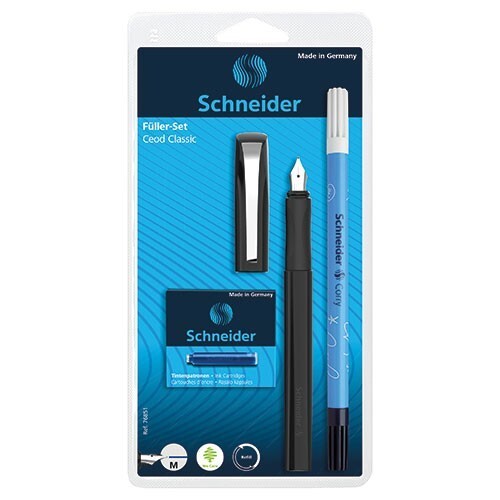 Schneider Ceod Fountain Pen Set Med Nib Black Barrel Blue Ink Office School