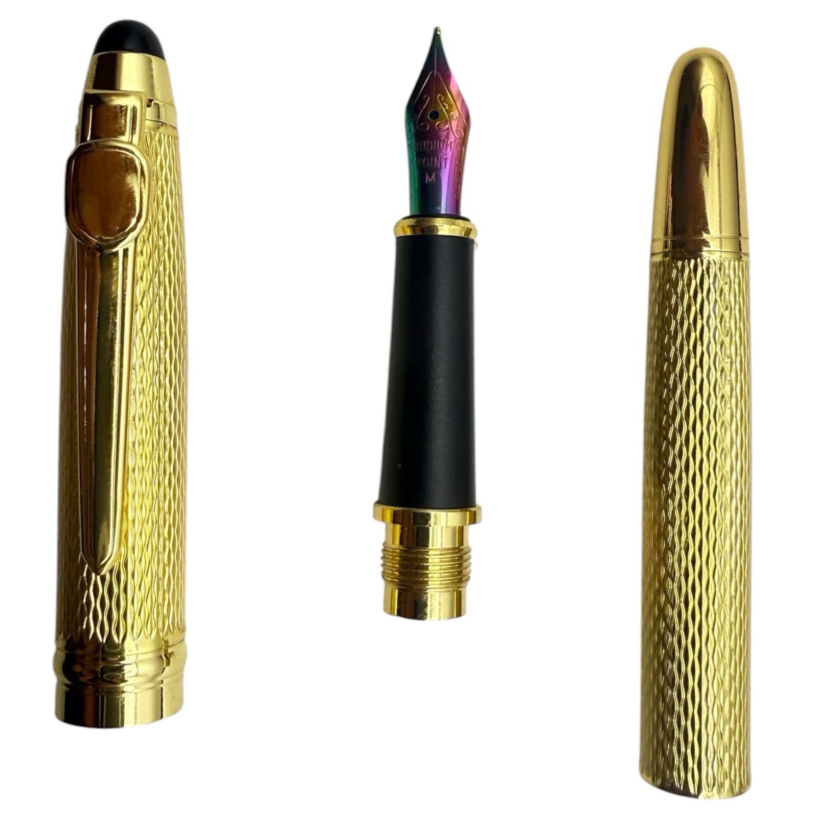 Fountain Pen Medium (M) Nib Gold Knurled Metal Barrel Nice Gift Box