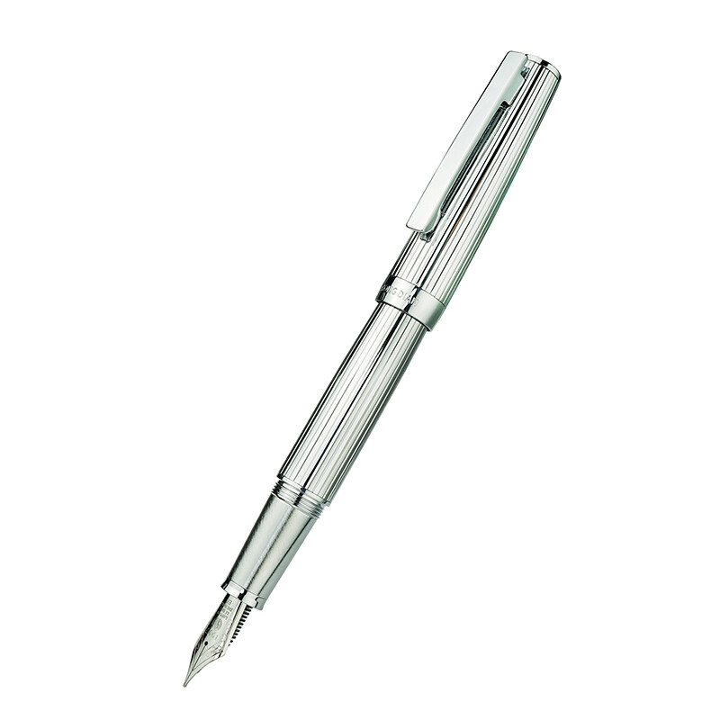HongDian 1845 Steel Fountain Pen Metal Stripe Silver/Black Iridium EF/F Ink Pen