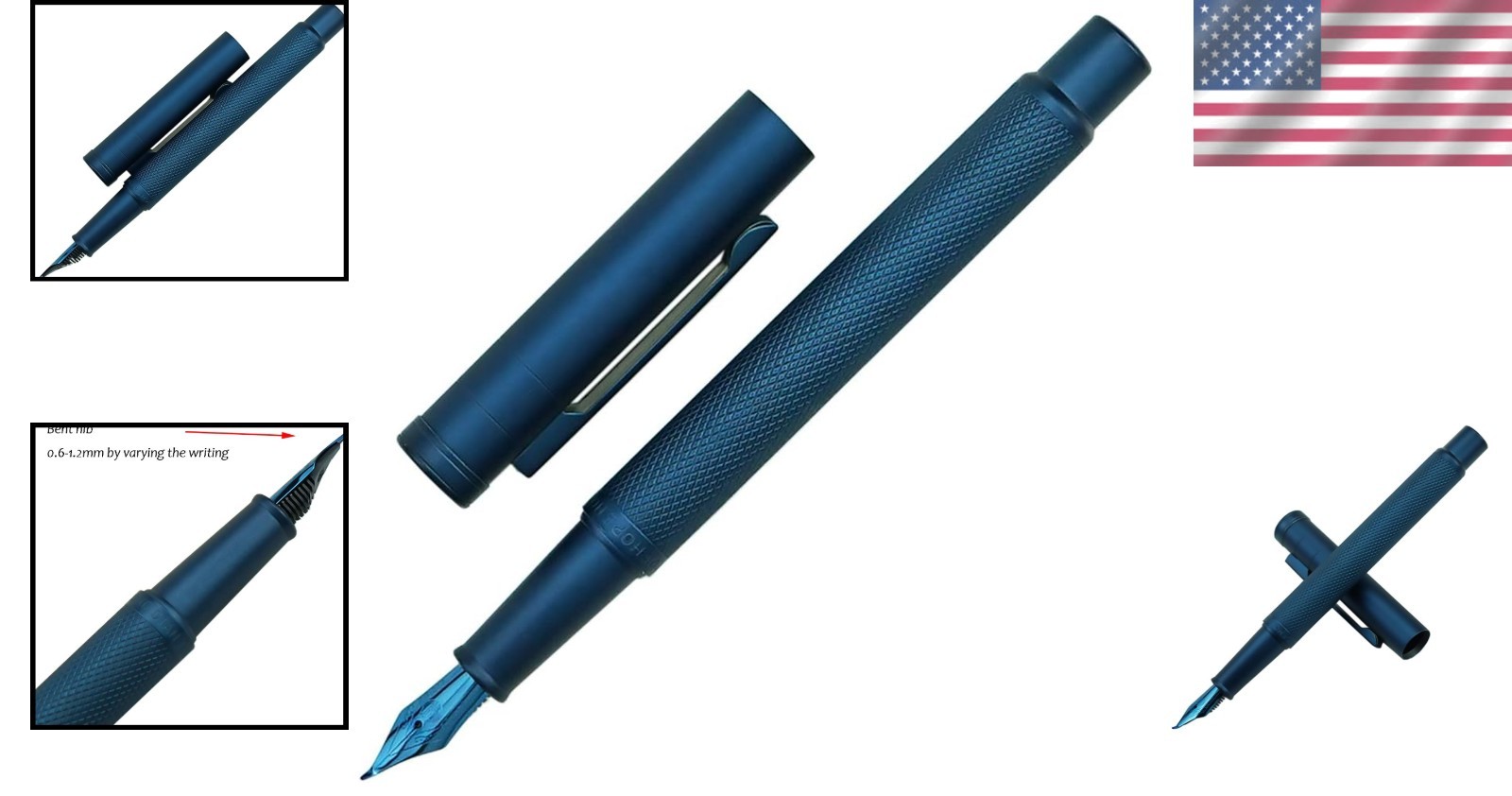 Hongdian Fountain Pen Bent Nib Metal Water Blue Ink 1 Count