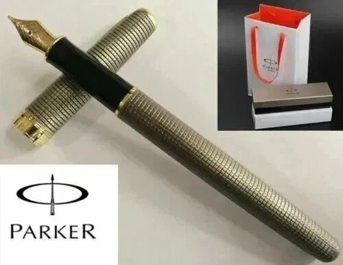 Silver Grid/Gold Clip Parker Sonnet Series Fine (F) Nib Fountain Pen With Box