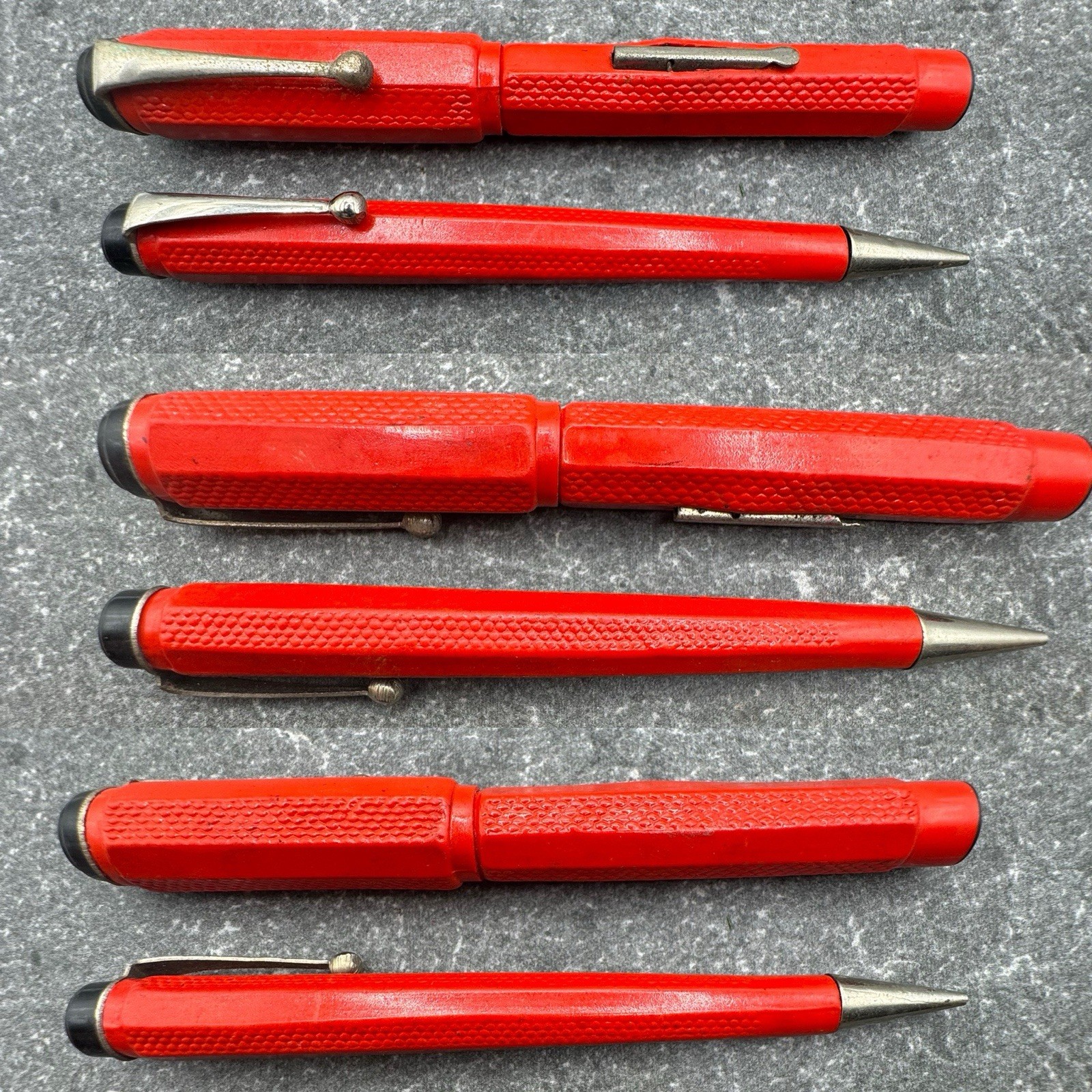 Vintage Japanese Lever Fill Fountain Pen Pencil Set- Red Faceted Patterned 1930s