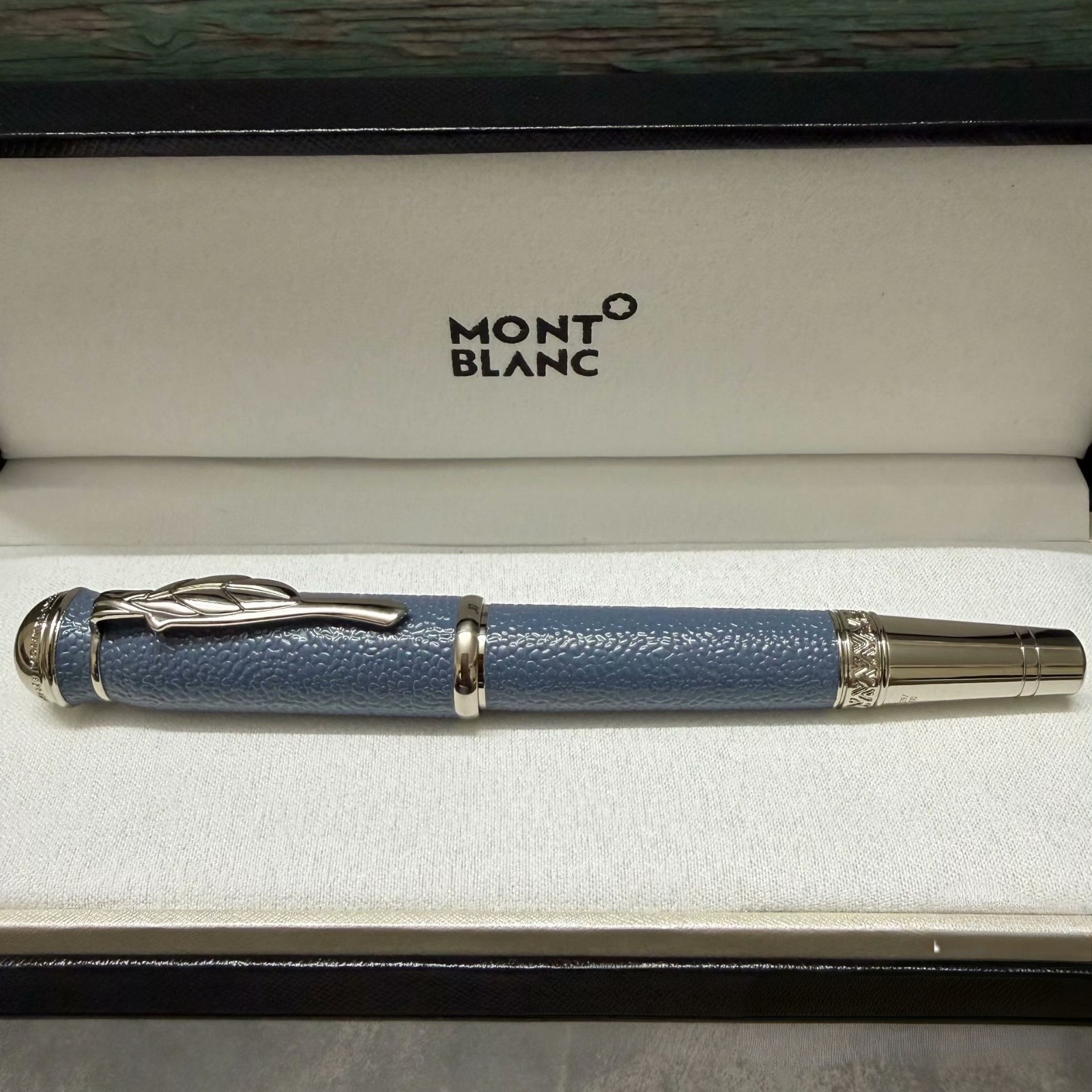M.B Luxury Light Blue Fountain Pen Medium Nib Silver Trim W/ Gift Box