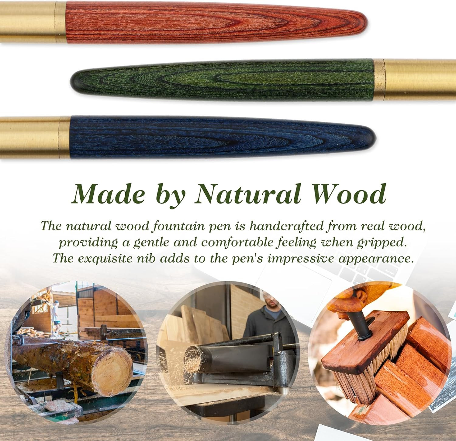 Vintage Wooden Fountain Pens Set, 3Pcs Handcrafted Luxury Wood Fountain