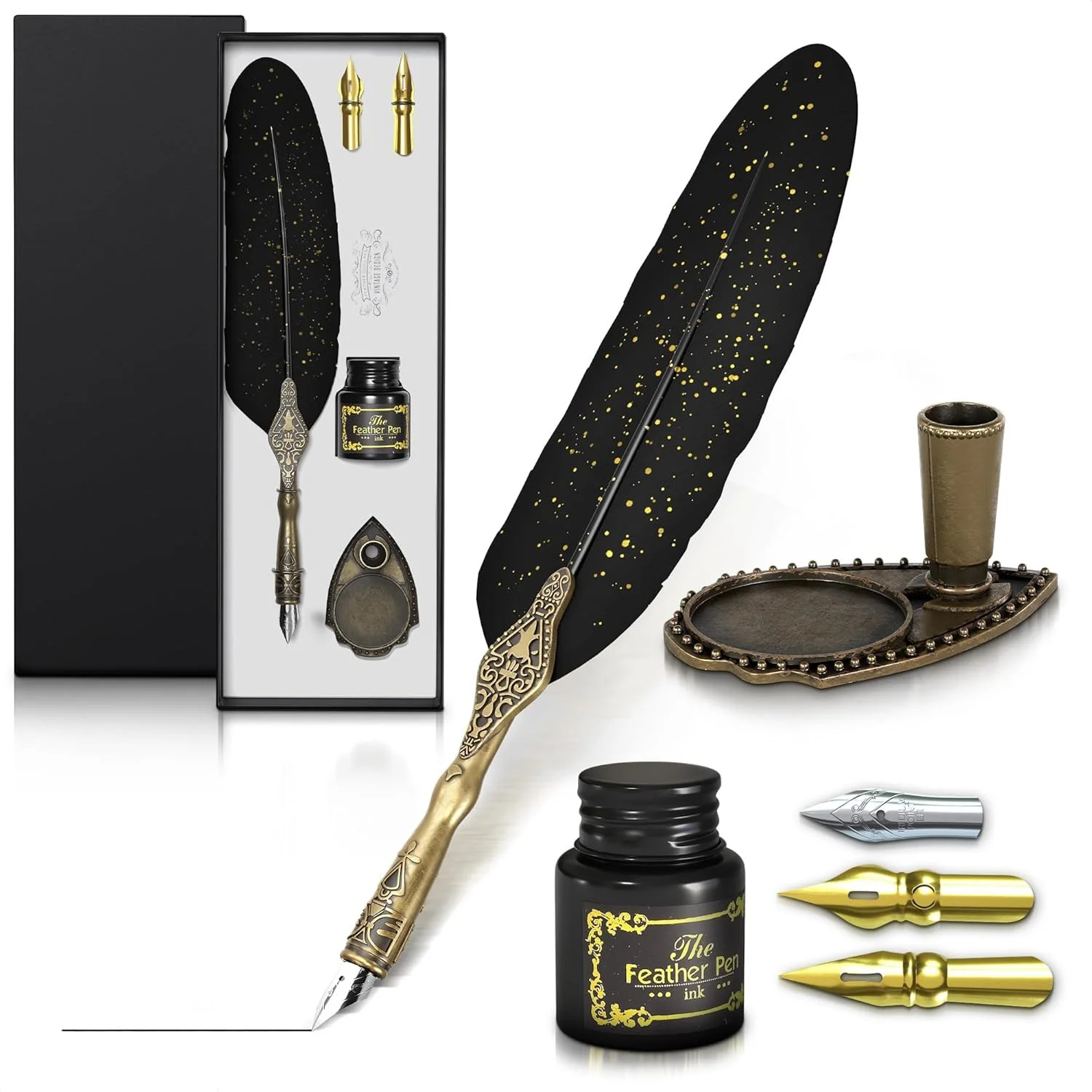 Black Feather Quill Pen and Ink Set – Feather Pen and Ink Set with Stainless Ste
