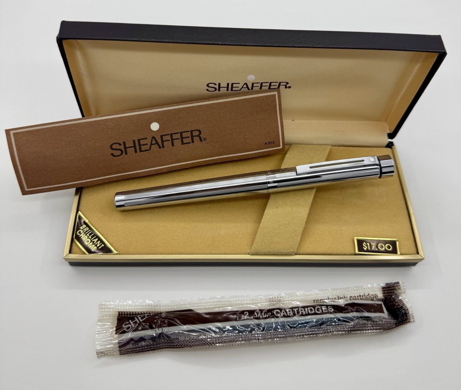 1981-84 Sheaffer 1000 Chrome Lined Targa Fountain Pen, M Nib, Converter – NOS